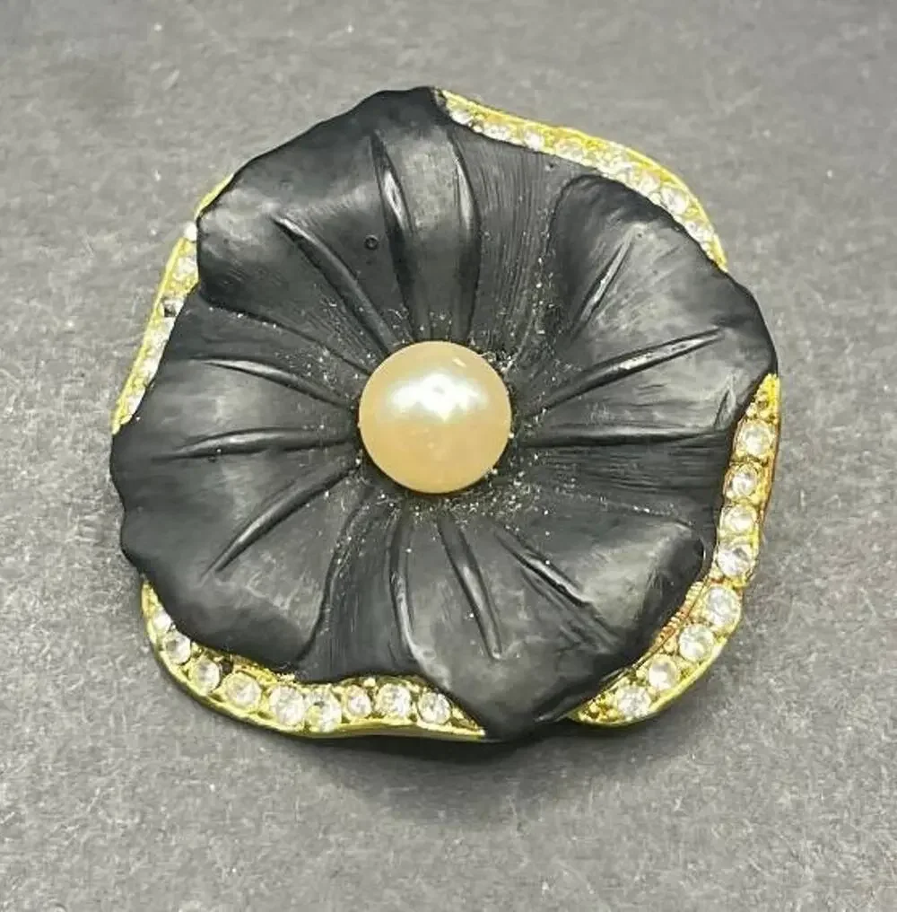 Black Carved Flower Brooch Pin Faux Pearl Center Rhinestone Gold Tone Accent